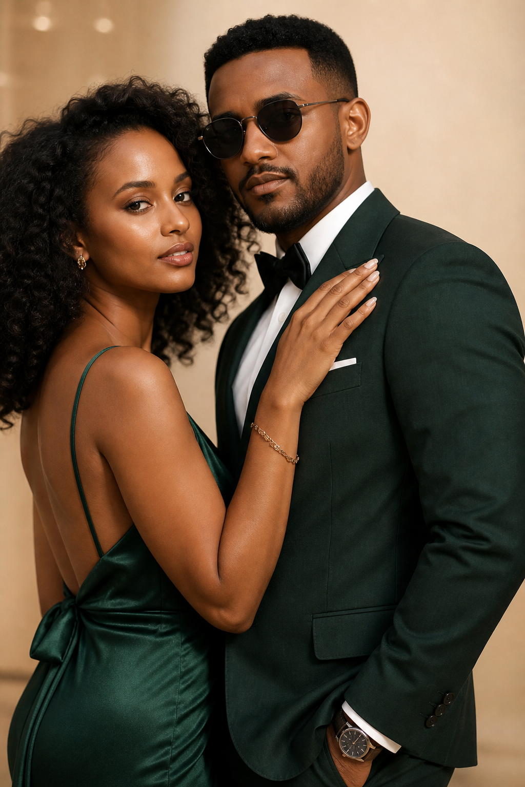 An elegant Malawian couple dressed in forest green